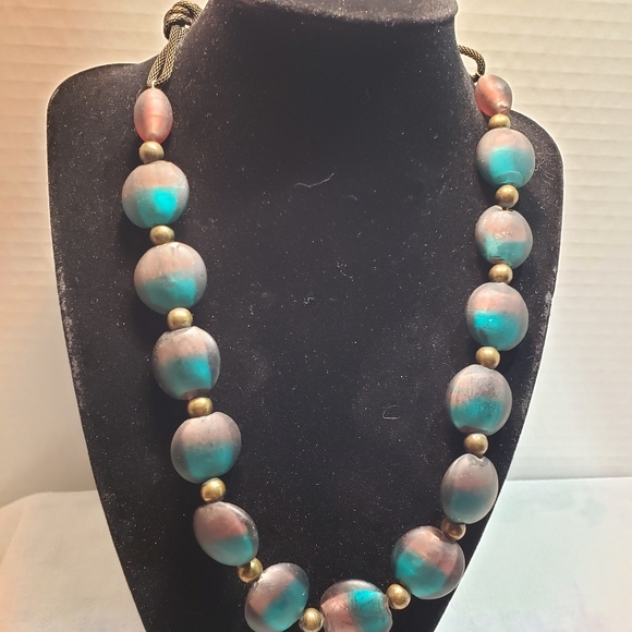 Beautiful Vintage Coldwater Creek Turquoise and Purple Satin Glass Necklace - Picture 2 of 4